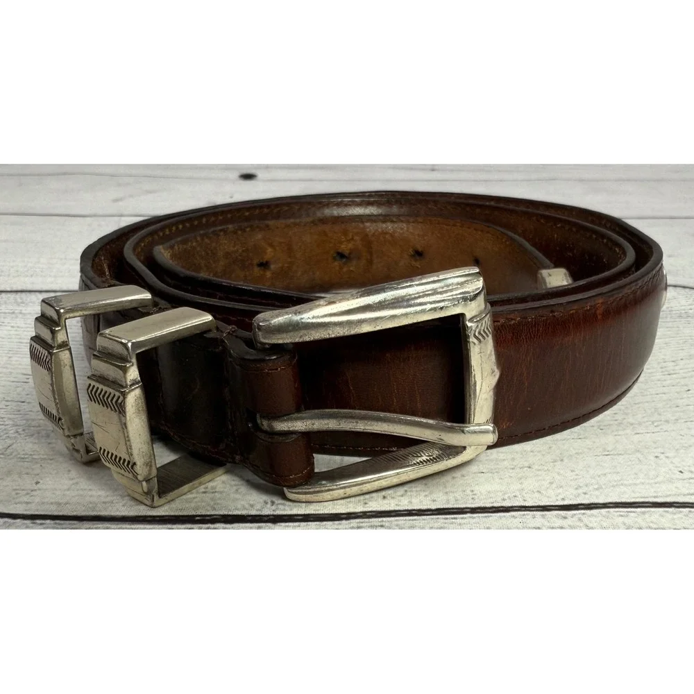Golf Top Grain Leather Belt Brown Silver‎ Buckle Western Style Size 38